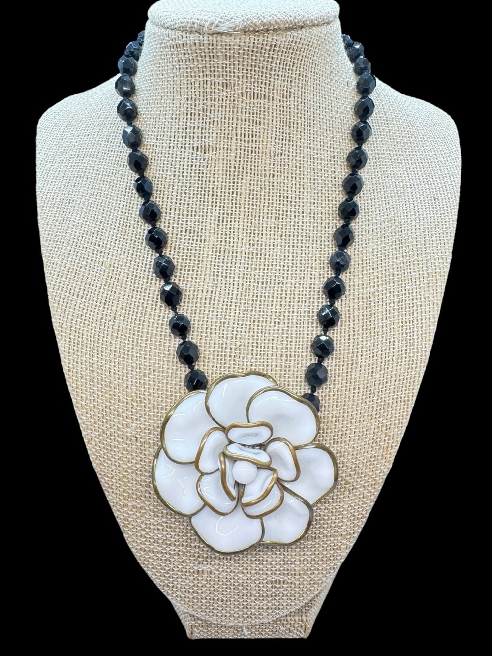 Vintage Designer Milk Glass Camellia Flower & Black Faceted Glass Bead Necklace